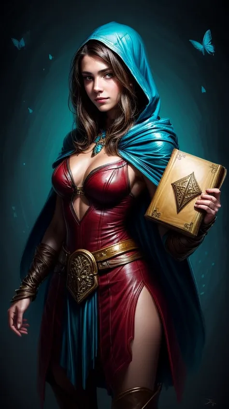 Speed painting of portrait of a fantasy female brunette human adventurer, with a blue hood, in a temple, D&D character, holding a very large leather bound magical book with butterfly on the book cover, slight smile on face.