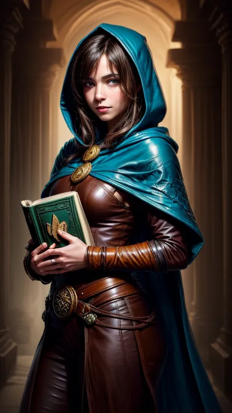 Speed painting of portrait of a fantasy female brunette human adventurer, with a blue hood, in a temple, D&D character, holding a very large leather bound magical book with butterfly on the book cover, slight smile on face.