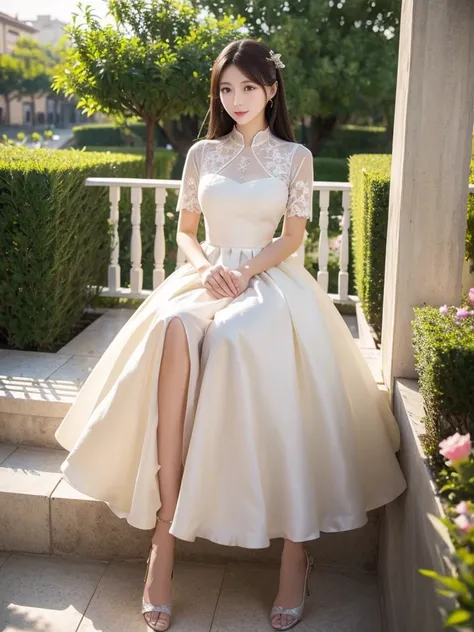 dress、(highest quality)), (Very detailed), ((Very detailed)), 4K, (8k), highest quality, alone,Kind Face、Soft Light、RAW quality、Heel、Garden Terrace