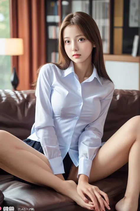 18 years old, a beautiful face of an actress, perfect proportions of female body, tight formal shirt is worn without bra, female crotch without panties between legs is exposed, vagina, pubic hair, sitting on the sofa in living room, japanese, nsfw, best qu...