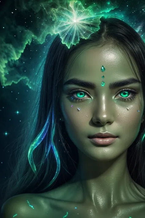 Green theme、The shadow of a beautiful girl emerging from the shining clouds、Beautiful face、 (Detailed eyes, Eyes Like Gems, Sparkling eyes:1.1)、Spectacular views beyond imagination, glowing hearts, Tears, fear, flowing, Bioluminescent skin, Fractal Nebula ...