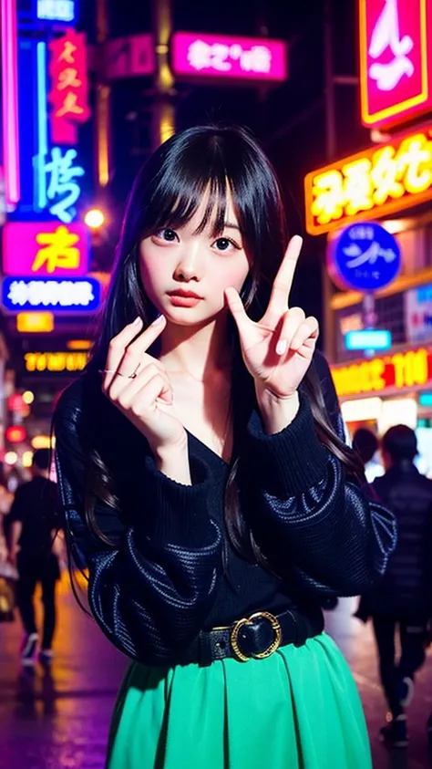 middle finger、ring finger、Pinky、Asian shopping street at night、Neon Signs、Cyberpunk World、12 year old beautiful girl