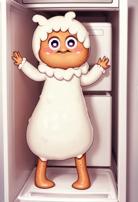 Anthropomorphic cinnamon roll monster girl, ADULT monster girl, cute, Tiny, exiting the refrigerator, gloopy, cinnamon icing slime monster,