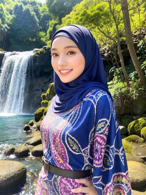 Draw a picture of a beautiful Indonesian supermodel wearing a hijab and dress with a graceful face and a sweet smile and hour-glass body, standing in front of a waterfall. Make sure her face looks realistic with fine details, and choose bright, attractive ...