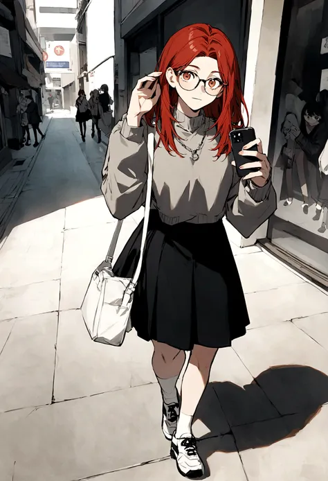 Jujutsu kaisen full body female anime character. She has _red____ hair. She was brown eyes. She is wearing a grey sweater ___ with black skirt and ____tennis_ shoes. She is holding _a white bag_____ on one hand while the other is in his pocket. She also ha...