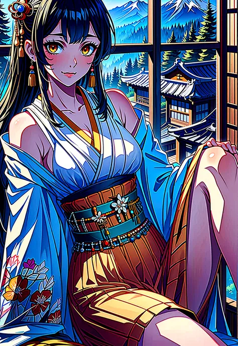 Ghibli style,Japanese kimono beauty,actual eyes,beautiful skin,Natural Makeup, ,Off-shoulder,Reality,4K,High resolution full body pictures.