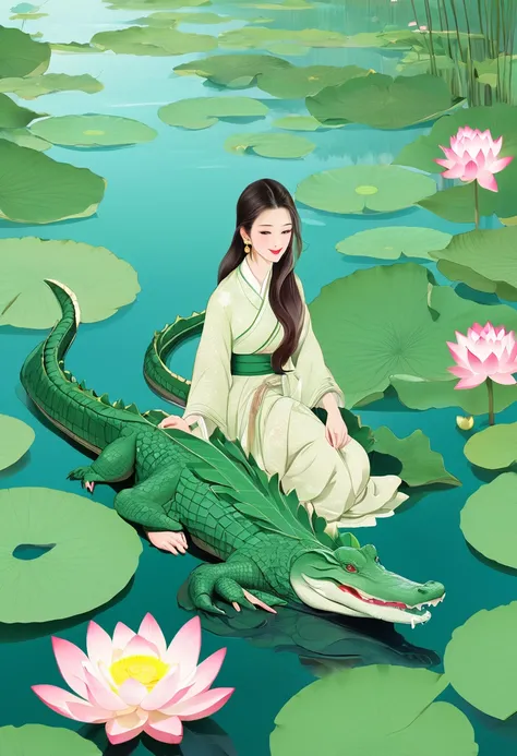 a women, crocodile, lake, lotus, 