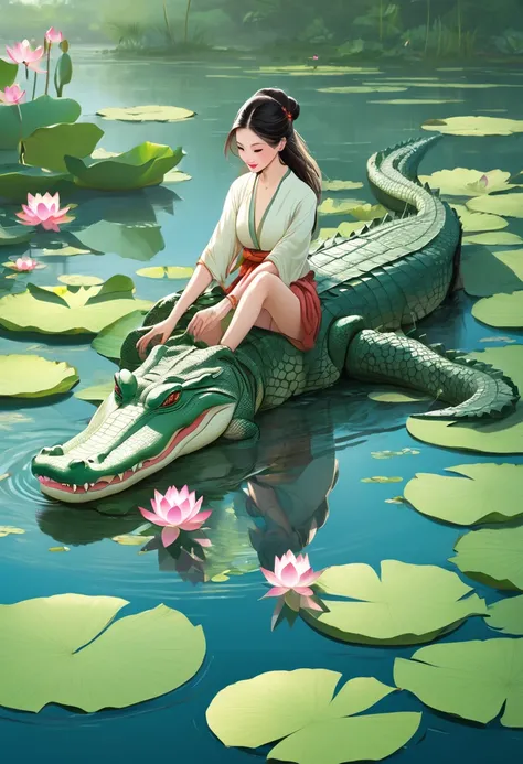 a women, crocodile, lake, lotus, 