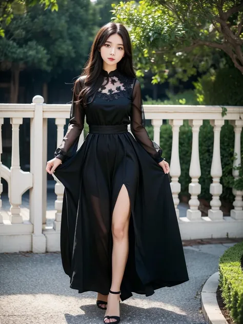 Black polyester dress、(highest quality)), (Very detailed), ((Very detailed)), 4K, (8k), highest quality, alone,Kind Face、Soft Light、RAW quality、Heel、Garden Terrace