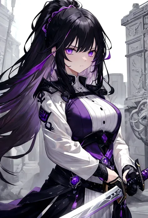 a woman with black hair and white streaks with sad expression holding a large purple sword, detailed eyes, detailed sword, cinematic lightning
