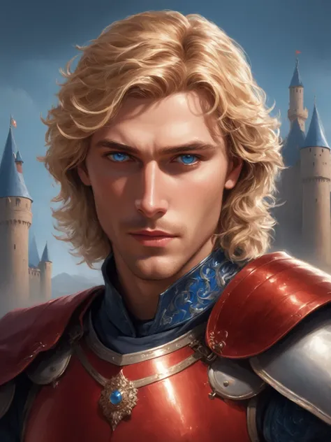 ((best quality),(masterpiece),(detailed),perfect face,a man with wavy blond hair and blue eyes,wearing red armor, castle behind,beautiful,(cinematic),(dramatic lighting),(digital painting),(sharp focus),(photorealistic),(ultra-realistic),(hyper detailed),(...