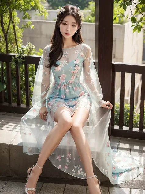 Sheer dress with small floral print、(highest quality)), (Very detailed), ((Very detailed)), 4K, (8k), highest quality, alone,Kind Face、Soft Light、RAW quality、Heel、Garden Terrace