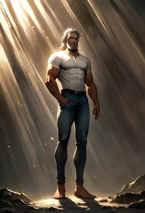 Full body portrait of a handsome melancholic middle-aged king, with short gray hair, medium size beard, wearing a pair of jeans, white color short sleeve shirt, tanned skin, bare feet, full body, athletic body,