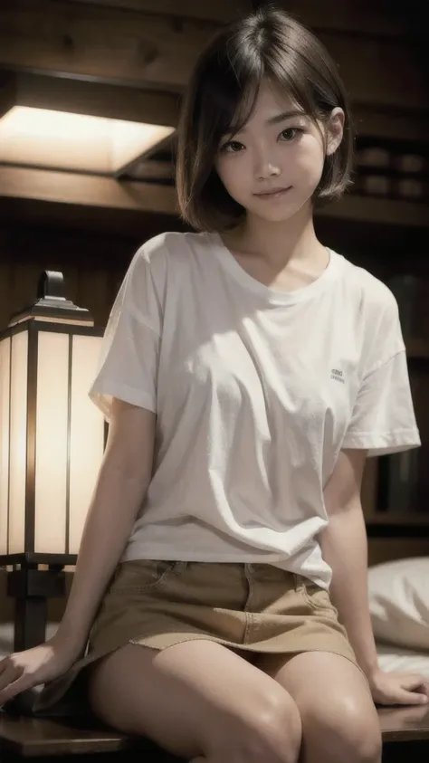 face focus, soft light, (depth of field) , moody lighting,night,upper thigh,cinematic lighiting, japanese 1girl, solo, cute,highres, smile, natural realistic skin, short hair,bronde hair, white t-shirt,miniskirt,