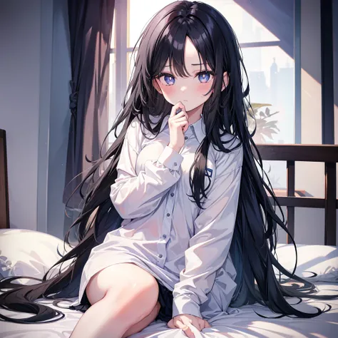 1girl, long black hair, blue pupils,Faced like a 17-year-old woman, School shirt With white shirt, cute, Sitting in the bed 