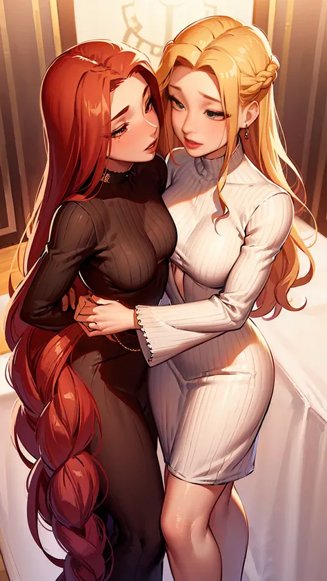 Two beautiful women with long braided red hair and mid wavy blond hair, respectivetly, with green eyes wearing a Mock Neck Cut Out Dress, Sexy Criss Cross Mock Neck ((Mid Sleeves)) Dress, ((luxurious jewelry)), standing in a fitting room, hugging closely a...