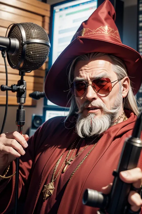 Old Wizard wearing a Red Wizard outfit and wearing sunglasses and rocking a wicked white beard in the recording studio, rapping into a hanging microphone, recording studio for music , soundproof walls, 4k , high quality
