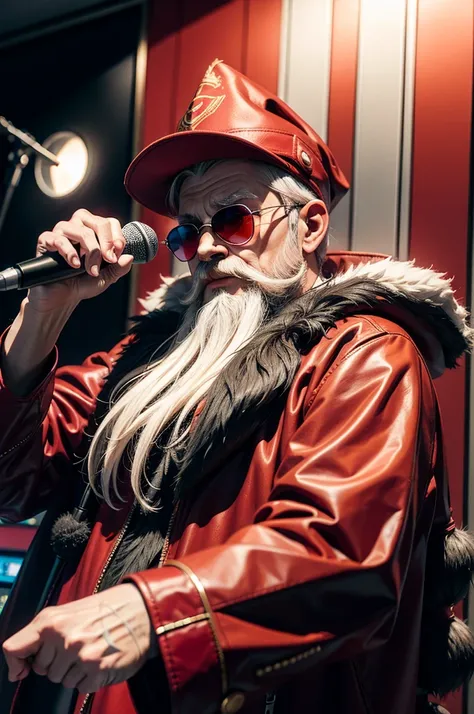 Old Wizard wearing a Red Wizard outfit and wearing sunglasses and rocking a wicked white beard in the recording studio, rapping into a hanging microphone, recording studio for music , soundproof walls, 4k , high quality
