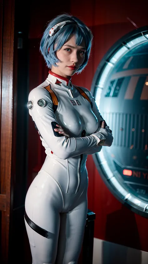 (masterpiece), (best quality), (red eyes), (epiCRealLife), (red lipstick), (j4nu4ryj0n3s) (young woman), (European Model), (Plugsuit), (ayanami_rei plugsuit), interface headset, white bodysuit), (red eyes), (blue hair), (medium breasts), (space station sce...