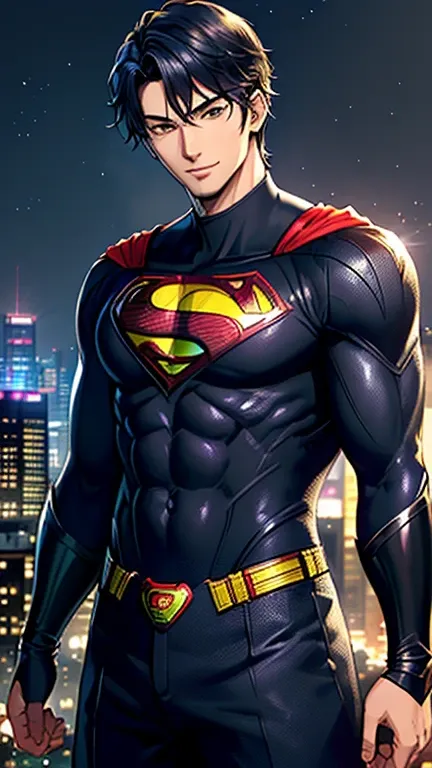 (highest quality, masterpiece, High resolution)、4K Anime Art、(1 handsome Japan man、20-year-old)、(cowboy_shot、Natural standing posture、)、 (Detailed depiction of a handsome face)、Happy smile、large chest、Short Hair、straight cut、 (Superman costume)、(Dark midni...