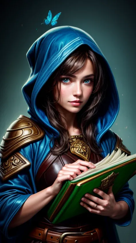 speed painting of portrait of a fantasy female brunette human adventurer, with a blue hood, in a temple, d&d character, holding ...