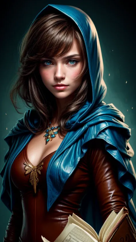 speed painting of portrait of a fantasy female brunette human adventurer, with a blue hood, in a temple, d&d character, holding ...