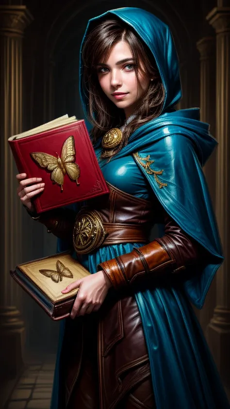 speed painting of portrait of a fantasy female brunette human adventurer, with a blue hood, in a temple, d&d character, holding ...