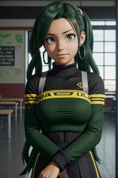 Captura de pantalla de my hero academia.
Chica de pelo ondulado negro, ojos rasgados color verde zafiro, serious but friendly look pircings in ears and school room background 