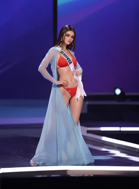 una mujer en bikini y un vestido azul en un escenario, Miss Universo, Victoria Gavrilenko, julia gorokhova, bikini model, rendering of beauty pageant, anastasia ovchinnikova, longitud total del cuerpo, magdalena radziej, estilo de julia razumova, Aleksandr...