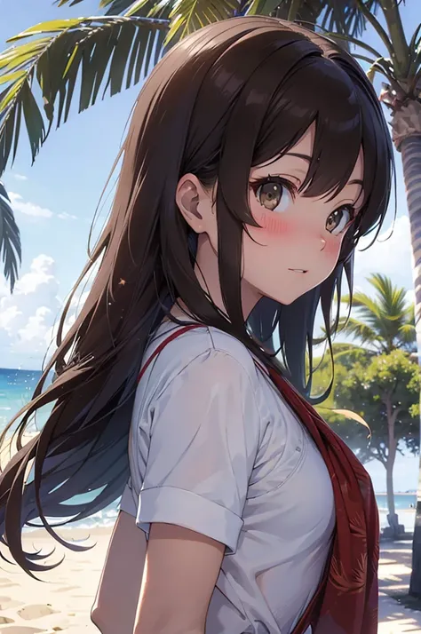 masterpiece, rich colors, Best quality, detailed, high resolution, Hyper quality, high detail, , High quality, detailing, skinny sexy girl on the beach , bright lighting , Brown eyes, anime, palm trees, bright lighting,