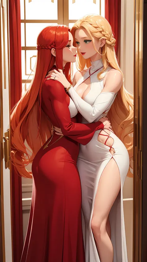 Two beautiful women with long braided red hair and mid wavy blond hair, respectivetly, with green eyes wearing a Mock Neck Cut Out Dress, Sexy Criss Cross Mock Neck ((Mid Sleeves)) Dress, ((luxurious jewelry)), standing in a fitting room, hugging closely a...