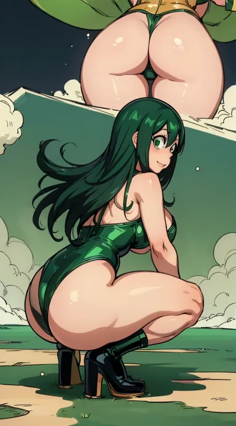 (melhor qualidade:1.3), Tsuyu Asui por boku no hero , (olhando para a vista), peituda, clivagem, sedutora, sexy, body curvy, bunda grande, peitos grande, (lingerie ), (pov: ass) , (pose: crouched)