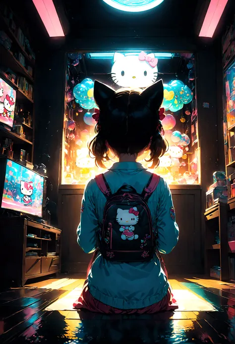 1girl, Hello Kitty, cute, (Back View:1.4), indoor, home, anime screenshot, source_anime, dramatic composition, cinematic dynamic action scene, vibrant colors, cinematic lighting, dramatic lighting, best quality, masterpiece, very aesthetic, perfect composi...