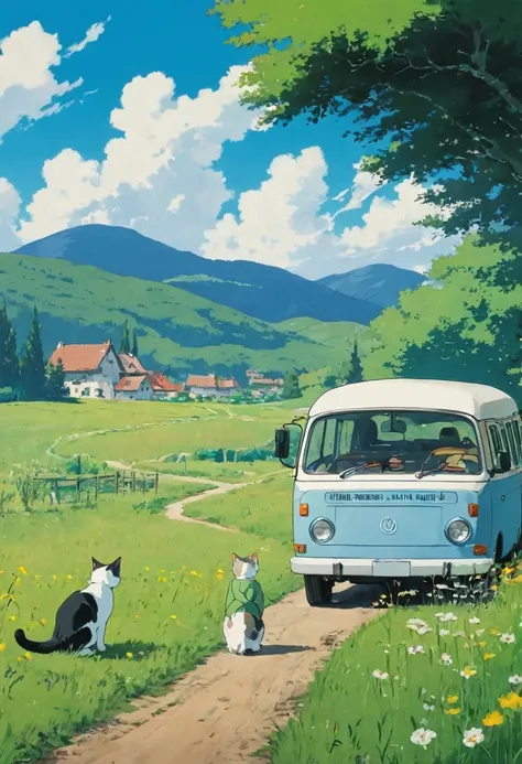 (minimalismo: 1.4), minibus on the road, german van, ghibli studio art, miyazaki, meadow with blue sky and white clouds, back vi...