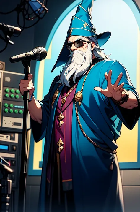 Old Wizard wearing a blue Wizard outfit and wearing sunglasses and rocking a wicked Black beard in the recording studio, rapping into a hanging microphone, recording studio for music , soundproof walls, 4k , high quality, realistic ,digital art , Blue robe...