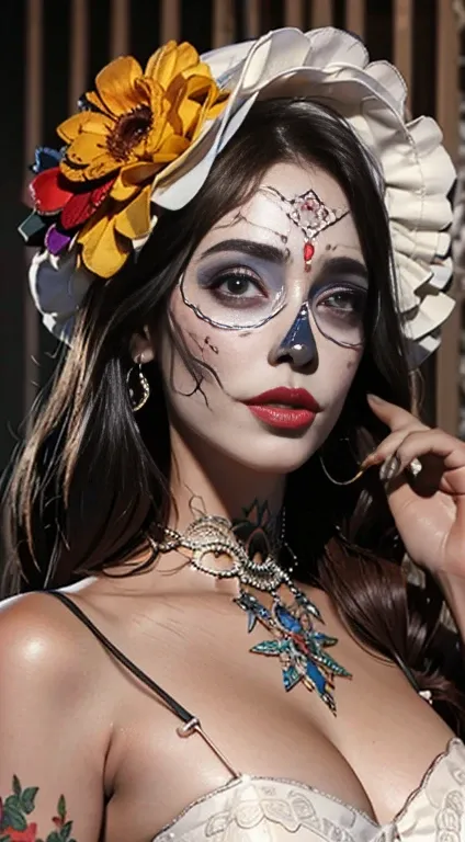 Catrina Frau mit bemaltem Gesicht mexikanische Muertos  , Meisterwerk, intinsic details, hyperrealistisch, hd , 8k , Catrina Mexikanisches Make-up, huge breasts, mexikanisches Kleid