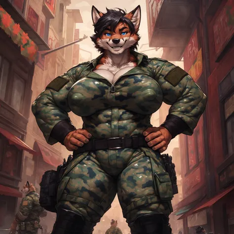 solo, 1girl, red fox, vixen, female, broad shoulders, stocky build, buff, muscular, large breasts, nipple outline, short hair, black hair, blue eyes, highly detailed eyes, Amazon, powerful figure, dressed in military fatigues, (urban camouflage pattern:1.6...