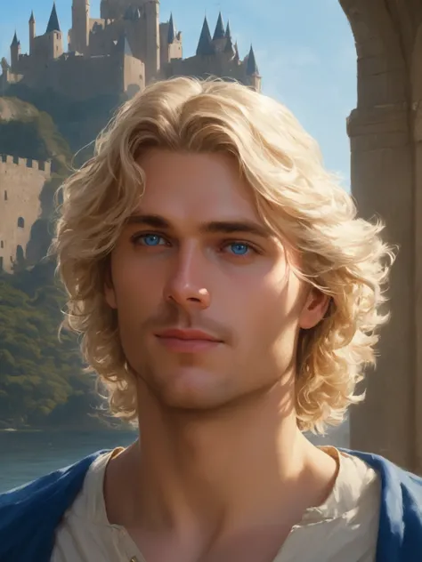 ((best quality),(masterpiece),(detailed),perfect face,a man with wavy blond hair and blue eyes, castle behind,beautiful,(cinematic),(dramatic lighting),(digital painting),(sharp focus),(photorealistic),(ultra-realistic),(hyper detailed),(epic),(fantasy),(c...