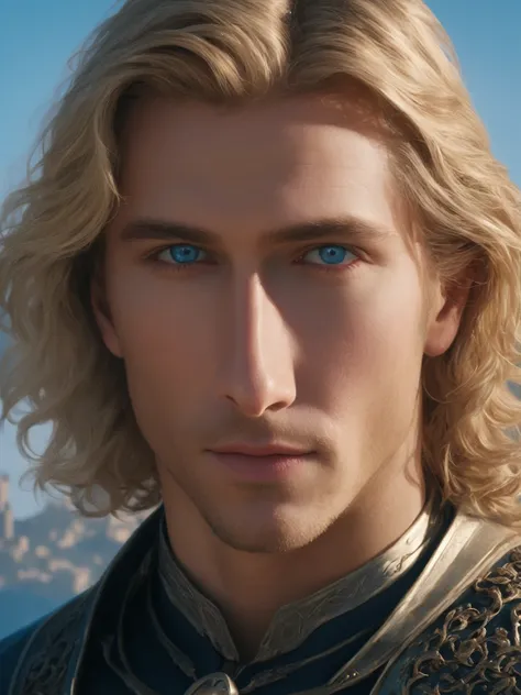 ((best quality),(masterpiece),(detailed),perfect face,a man with wavy blond hair and blue eyes, castle behind,beautiful,(cinematic),(dramatic lighting),(digital painting),(sharp focus),(photorealistic),(ultra-realistic),(hyper detailed),(epic),(fantasy),(c...