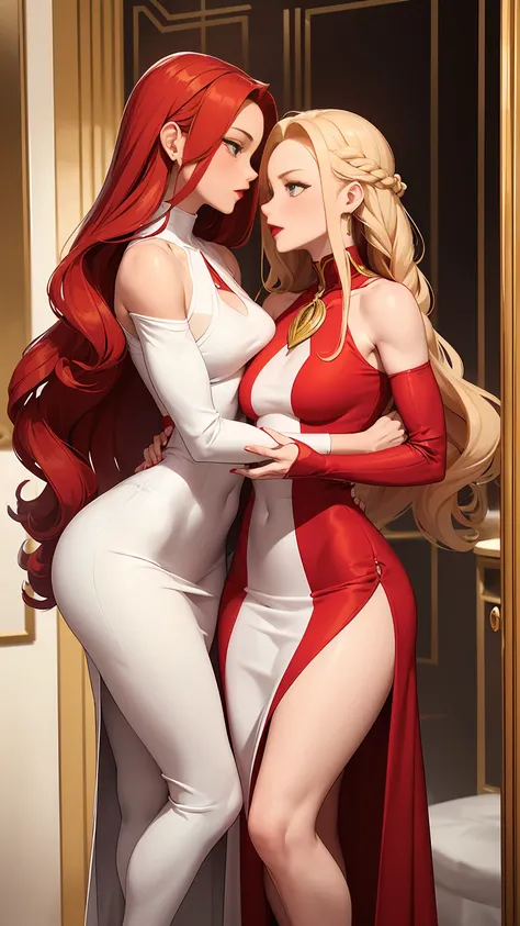 Two beautiful women with long braided red hair and mid wavy blond hair, respectivetly, with green eyes wearing a Tight Mock Neck Cut Out Dress, Sexy Criss Cross Mock Neck ((Mid Sleeves)) Dress, ((luxurious jewelry)), standing in a fitting room, hugging clo...