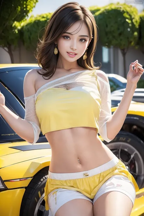 (((One-shoulder mesh girls outfit))),(((Dynamic pose))),(((Abdominal Peek))),(((Show lower chest ))),(((Yellow and white miniskirt lift))),(((Bare inner thighs))),(((Formula One racing car display))),Ulzzang-6500-v1.1, (Original photo:1.2), (Realistic:1.4)...