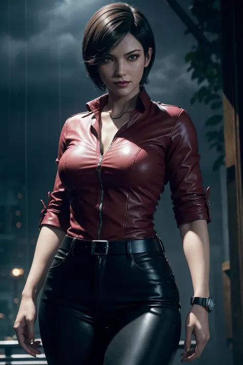 Resident Evil 6,Ada,Short Hair,Red Shirt,Stand up your collar,Black Leather Pants,Photorealistic,Ultra HD,high quality,masterpiece,Digital SLR,Detailed details,Intricate details,Anatomical basis,Depicted in detail,A detailed face,Realistic skin texture,Viv...