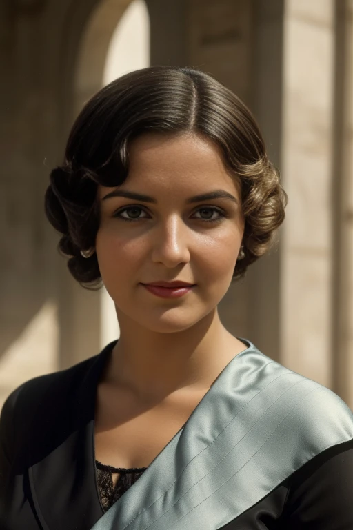 Tetouan, 1936. Close-up portrait of a young ((((25 Jahre alt)) Sira Quiroga)), Nice, schlank, in einer Schneiderwerkstatt, ein Kleid an einer Schaufensterpuppe befestigen, ((((modische Kleidung aus den 1930er Jahren)))), ((Frisur der 1930er Jahre)), (bunt)