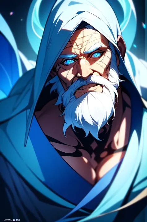 a wizard with a long white beard, wearing a blue robe, looking surprised, detailed facial features, intricate patterns on the robe, glowing magical aura, dramatic lighting, fantasy landscape background, (best quality,4k,8k,highres,masterpiece:1.2),ultra-de...