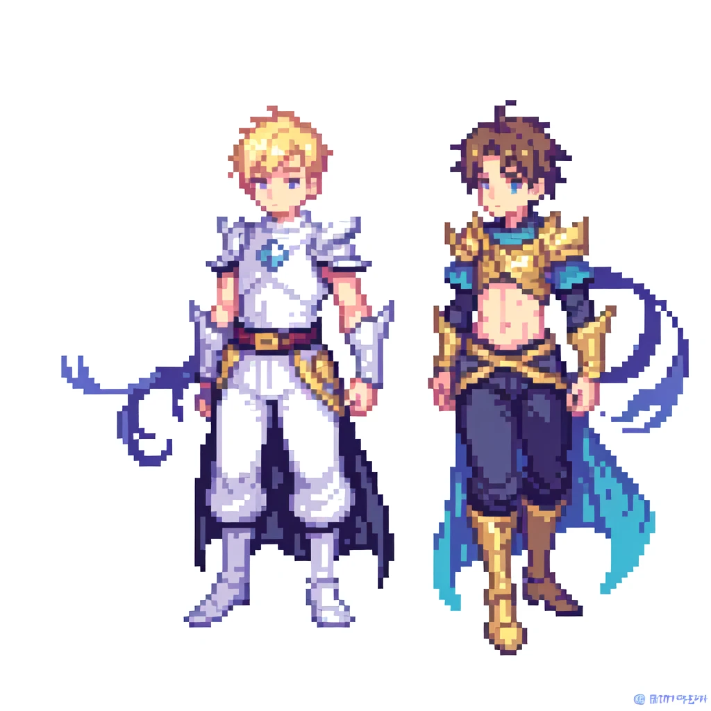 masterpiece , best quality , pixel art , 1 boy , fantasy clothes , full body , white background , hero , two heads