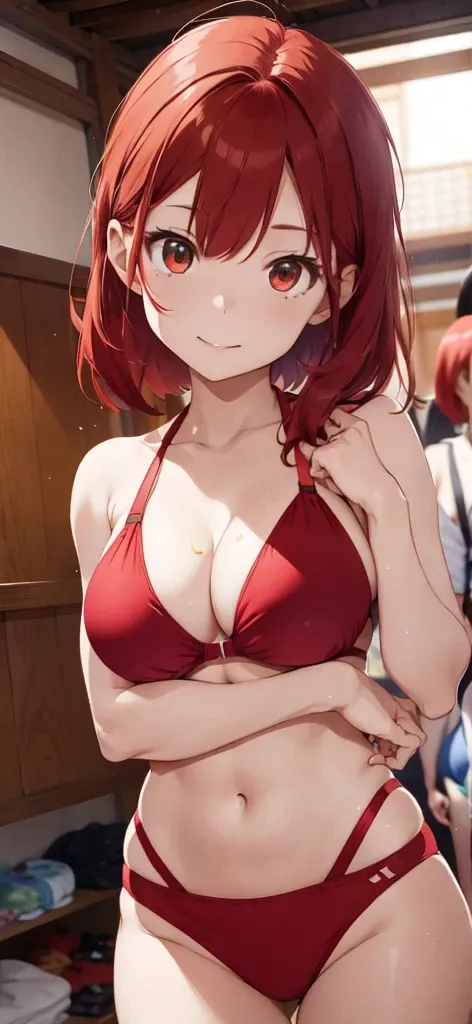 Red-haired girl drawn in high resolution Japanese anime style、Group of women taking photos in bikinis, Bikini Model, , Young and cute gravure idol, Posing together in bras, Russian and Japanese mix, sakimichan, Asian woman, Wear a swimsuit, that&#39;that&#...