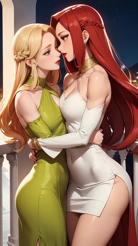 Two beautiful women with long braided red hair and mid wavy blond hair, respectivetly, with green eyes wearing a Short Mock Neck Cut Out Dress, Sexy Criss Cross Mock Neck ((Mid Sleeves)) Dress, ((luxurious jewelry)), standing in a balcony at night, hugging...