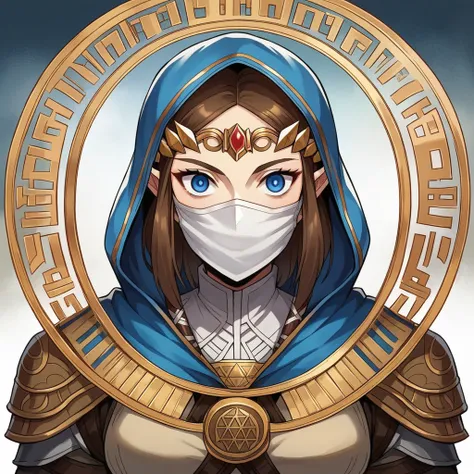 A full-body shot of Princess Zelda, brown hair, blue eyes, dressed as an Assassin from Assassins Creed, in white+gold witha white mask and hood with gold details, XL bust, using a wrist blade. Background: A city during the renaissance period. Unreal Engine...