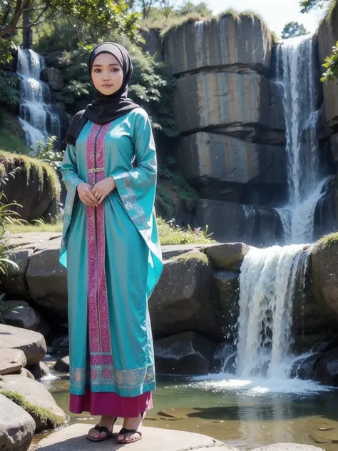 Draw a picture of a beautiful Indonesian supermodel wearing a hijab and dress with a graceful face and a sweet smile and hour-glass body, standing in front of a waterfall. Make sure her face looks realistic with fine details, and choose bright, attractive ...