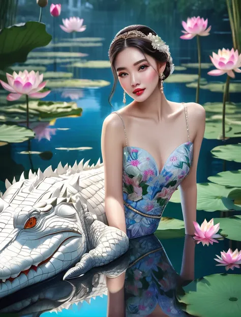 beautiful woman with white crocodile, sitting by serene lake surrounded by lotus flowers, extremely detailed eyes and face, long eyelashes, ornate dress, elegant pose, dramatic lighting, vibrant colors, cinematic composition, breathtaking scenery, detailed...